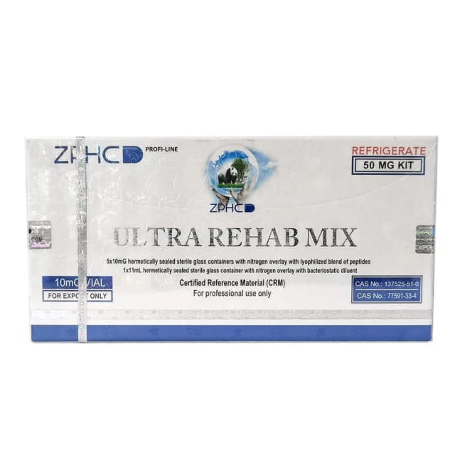 Ultra Rehab Mix ZPHC 50 mg (BPC-157 5 mg + TB-500 5 mg) 5 flakon × 10 mg ürün kutusu